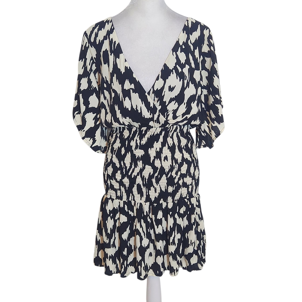 Macaron Black and Cream Print Blouson Mini Dress with Smocking Size Medium
